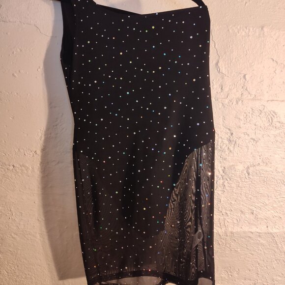Shein Black One Shoulder Sheer Sequin Diamonds Over-lay Dress Bodysuit Size L - Picture 8 of 11